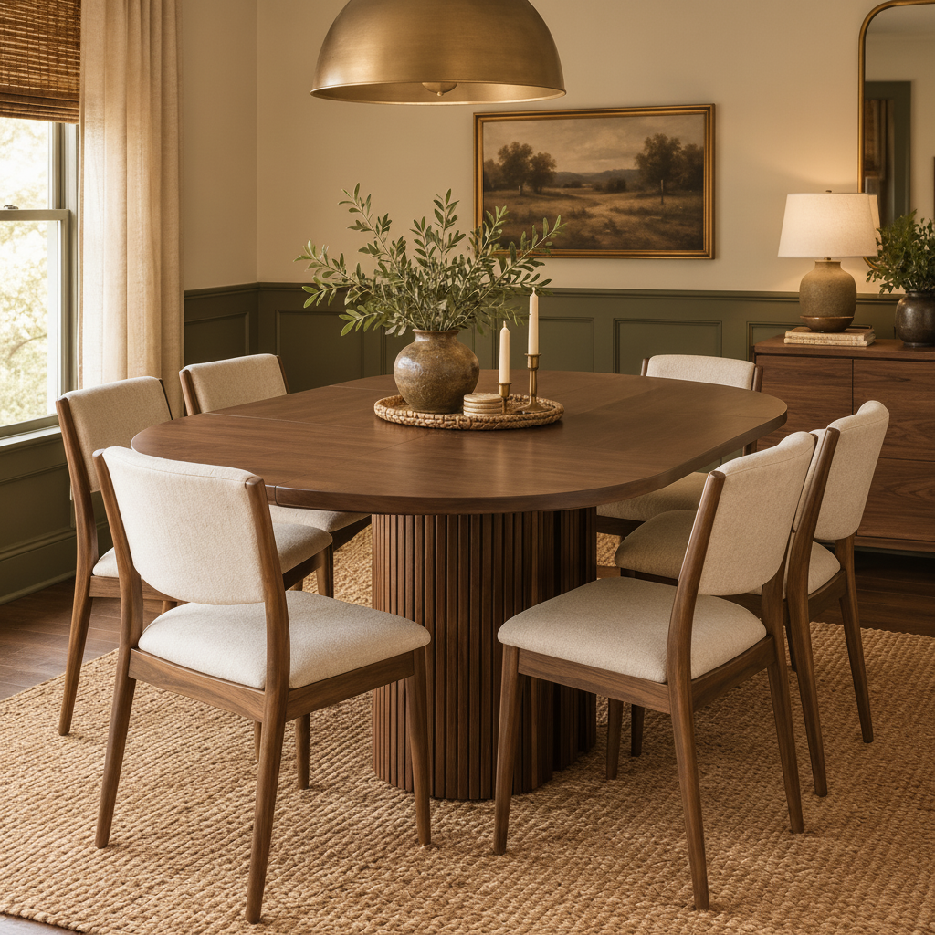 Warm walnut fluted dining table styled in a dining room with olive green accents.